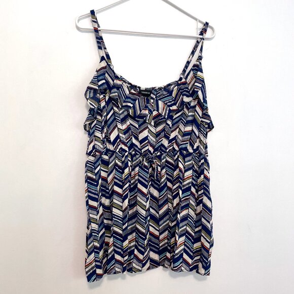TORRID 3 Plus Size Chevron Print Challis Ruffle Babydoll Top Blue White Boho 3X - Picture 2 of 16
